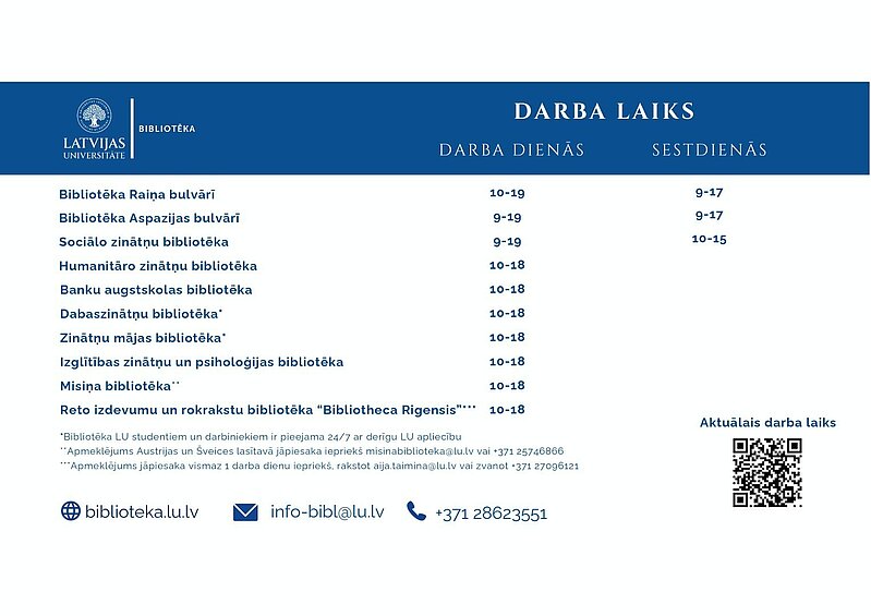 LU bibliotēku darba laiks 2026. - 2027. gadā