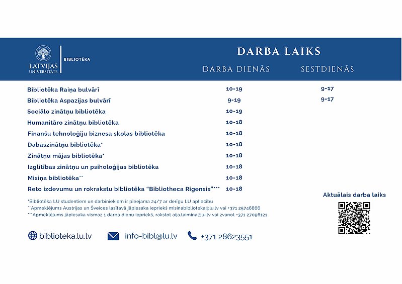 LU bibliotēku darba laiks 2026. - 2027. gadā