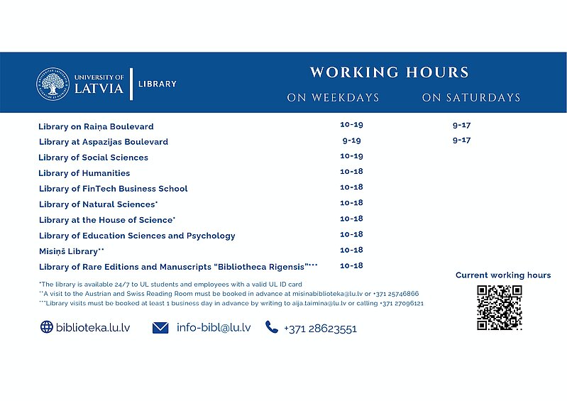 University of Latvia Library working hours for weekdays and Saturdays, with contact information and a QR code for current opening hours.