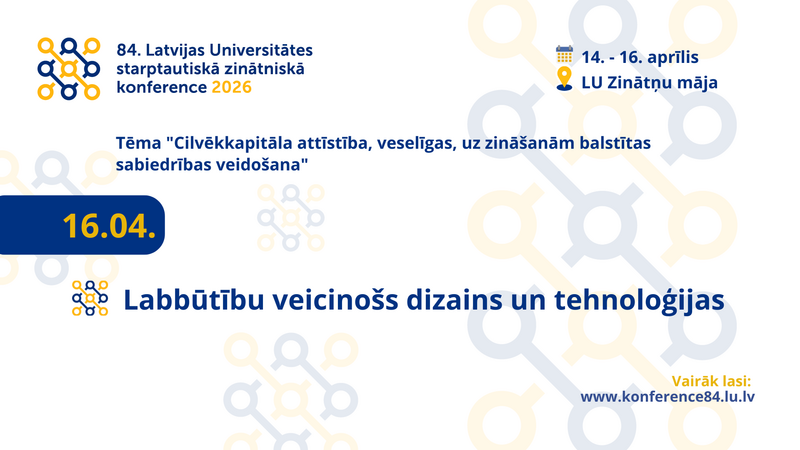 Sekcijas sēde "Labbūtību veicinošs dizains un tehnoloģijas" aicina diskutēt par dizaina un tehnoloģiju lomu labbūtības veicināšanā dažādos kontekstos