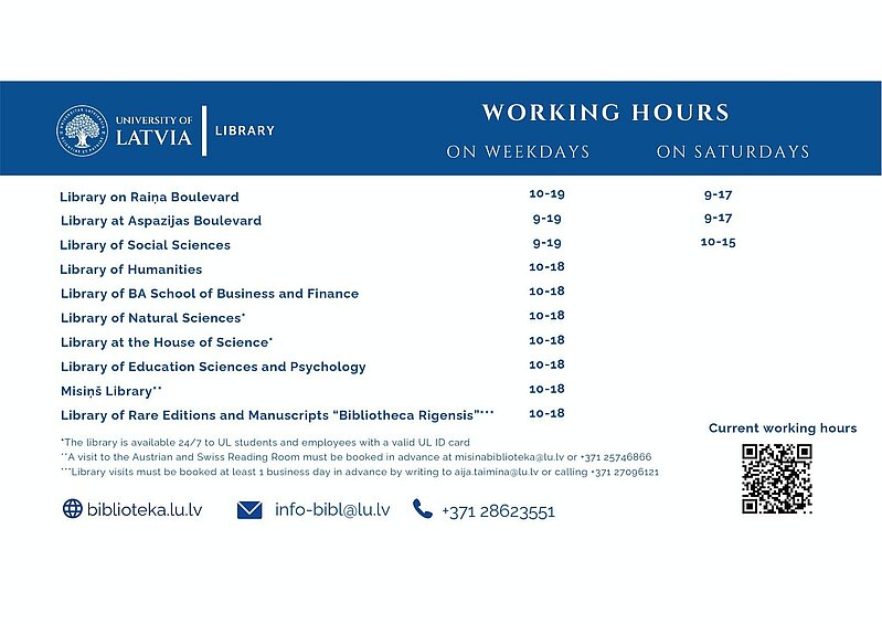 University of Latvia libraries’ working hours for the 2026/2027 academic year
