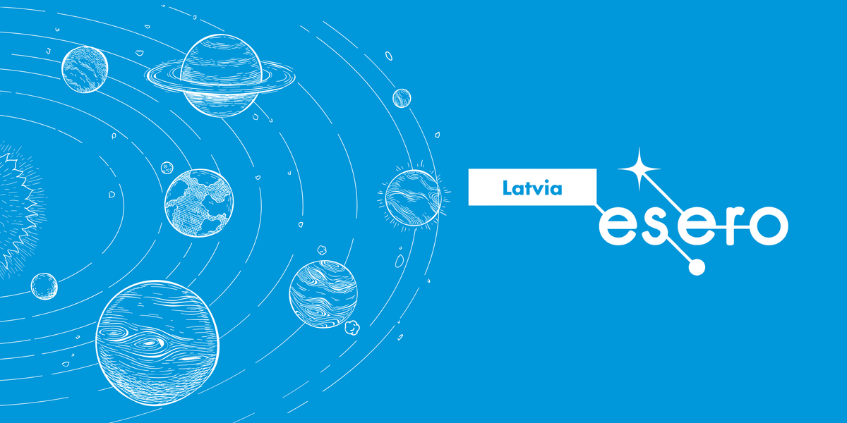 ESERO Latvija vizuālis ar Saules sistēmas planētu ilustrācijām un organizācijas logotipu.