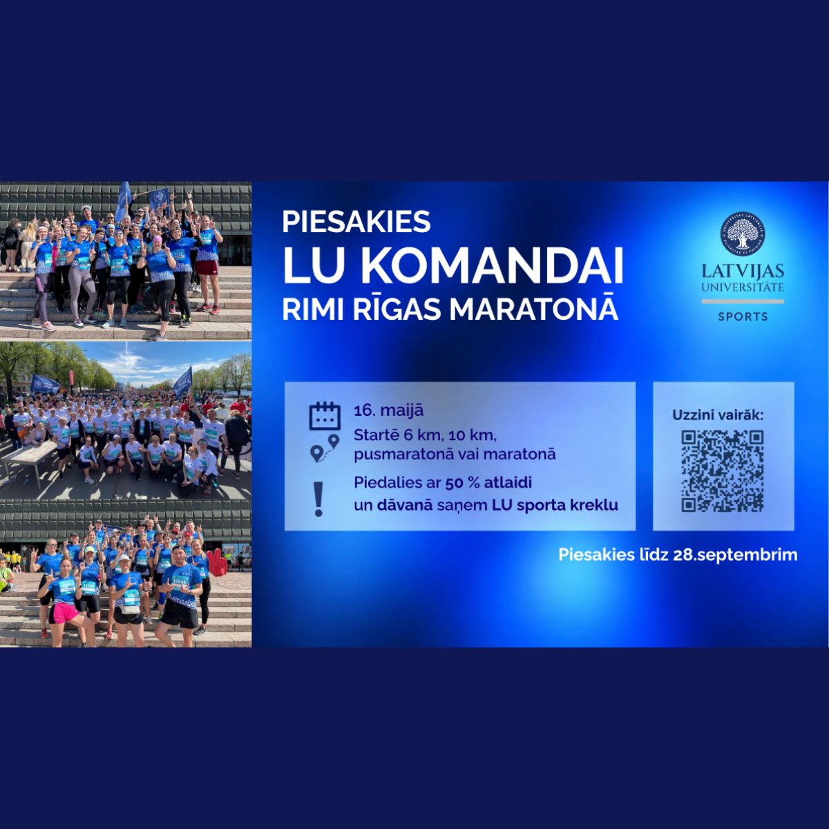 Aicinājums pieteikties Latvijas Universitātes komandai dalībai Rimi Rīgas maratonā 16. maijā.