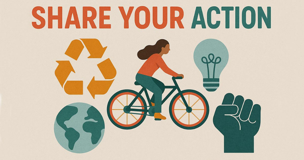 Attēls, kurā uzzīmēta ar velosipēdu braucoša sieviete, un virs tās uzraksts "Share your action"
