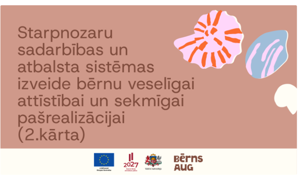 Projekta “Starpnozaru sadarbības un atbalsta sistēmas izveide bērnu veselīgai attīstībai un sekmīgai pašrealizācijai (2. kārta)” vizuālis ar gliemežvāku ilustrācijām un projekta partneru logotipiem.
