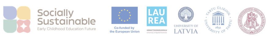 Projekta “Socially Sustainable Early Childhood Education Future” un partnerorganizāciju logotipi, tostarp Eiropas Savienības, LAUREA, Latvijas Universitātes, Turku Universitātes un Viļņas Universitātes logotipi.