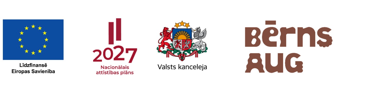 Eiropas Savienības līdzfinansējuma, Nacionālā attīstības plāna 2027, Valsts kancelejas un iniciatīvas “Bērns aug” logotipi.